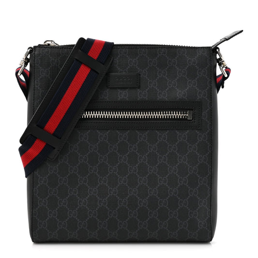 GG Supreme Monogram Appia Calfskin Web Flat Messenger Bag Black Grey
