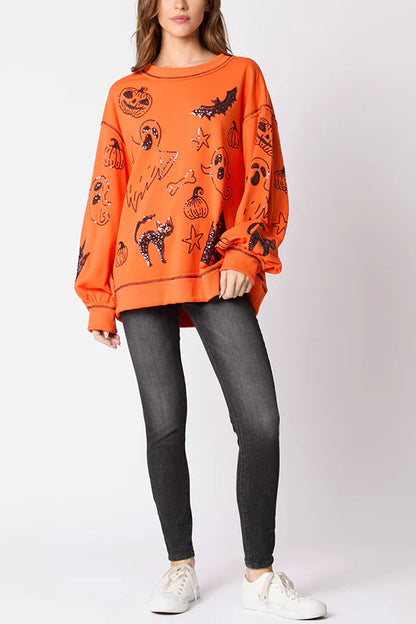 Sudadera informal holgada con lentejuelas y grafiti de Halloween 