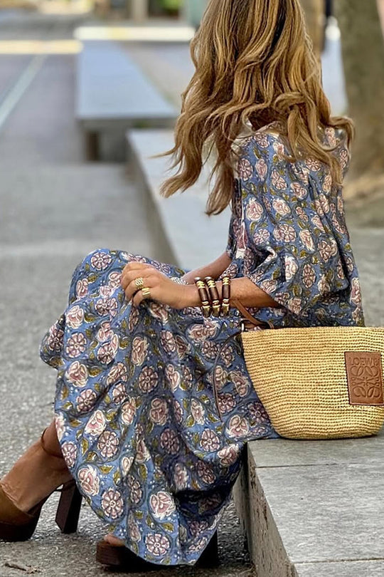 Vestido largo holgado con cordones y mangas abullonadas con estampado bohemio único para vacaciones