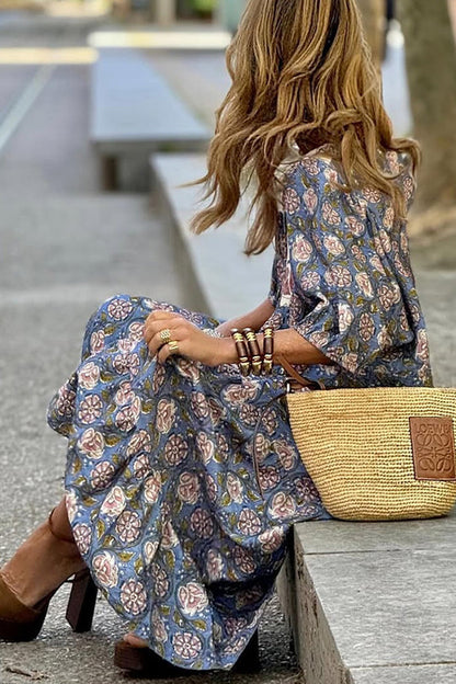 Vestido largo holgado con cordones y mangas abullonadas con estampado bohemio único para vacaciones