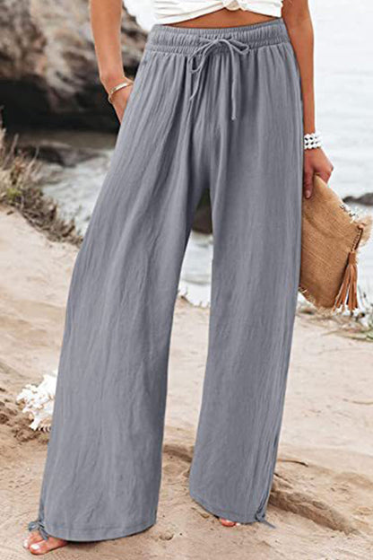 Pantalones casuales de playa de lino y algodón con cordón y pierna ancha