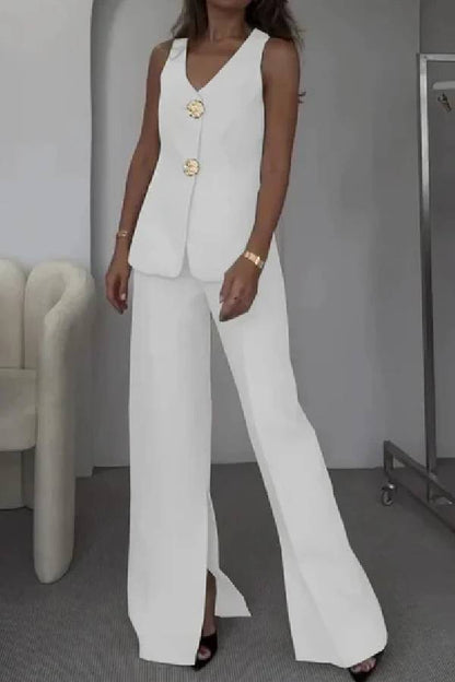 Conjunto de dos piezas de chaleco y pantalón de traje elegante de color liso sin mangas
