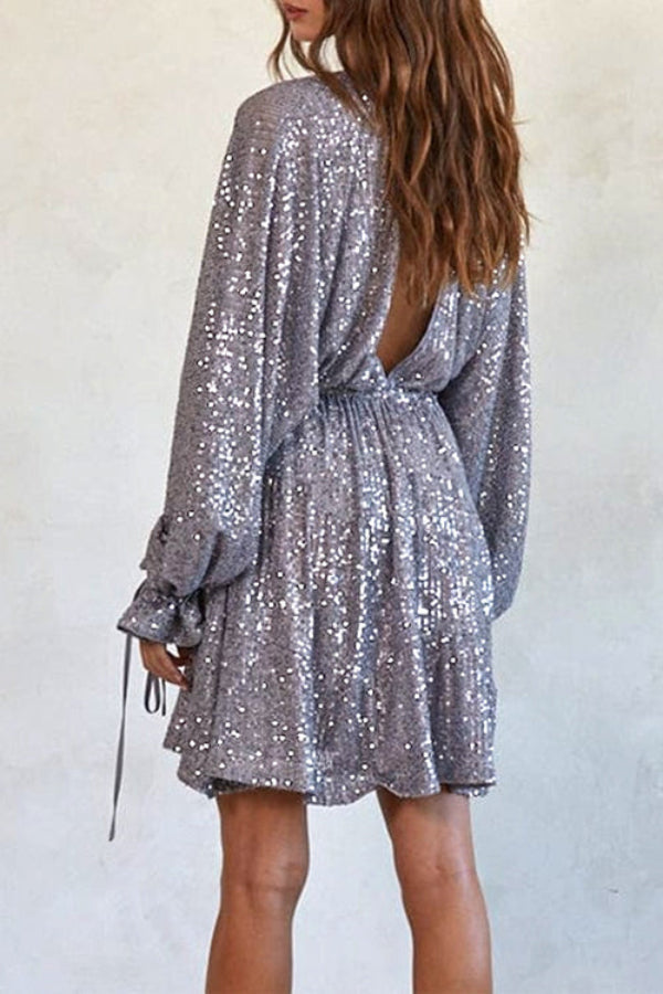 Vestido de lentejuelas con cordón, espalda descubierta, mangas globo y cuello en V