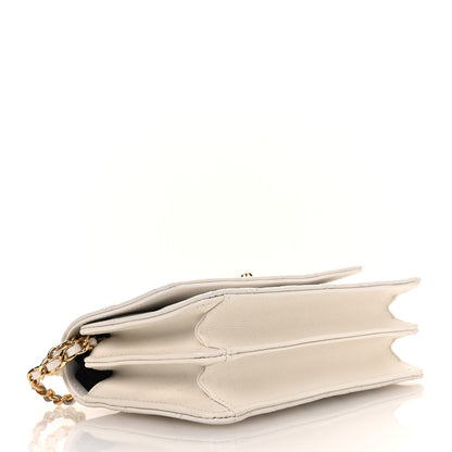 Shiny Caviar Quilted Flap Charm Wallet On Chain WOC White