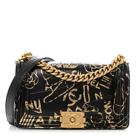 Calfskin Crocodile Embossed Graffiti Cocodile Medium Boy Flap Black