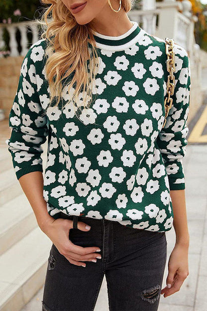 Suéter de punto con estampado floral y cuello alto, suéter ligero con bloques de color