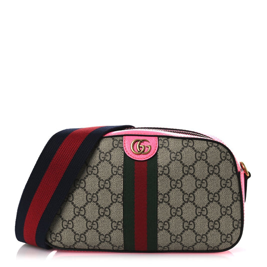 GG Supreme Monogram Textured Dollar Calfskin Web Ophidia Small Crossbody Bag Beige Ebony Fuchsia