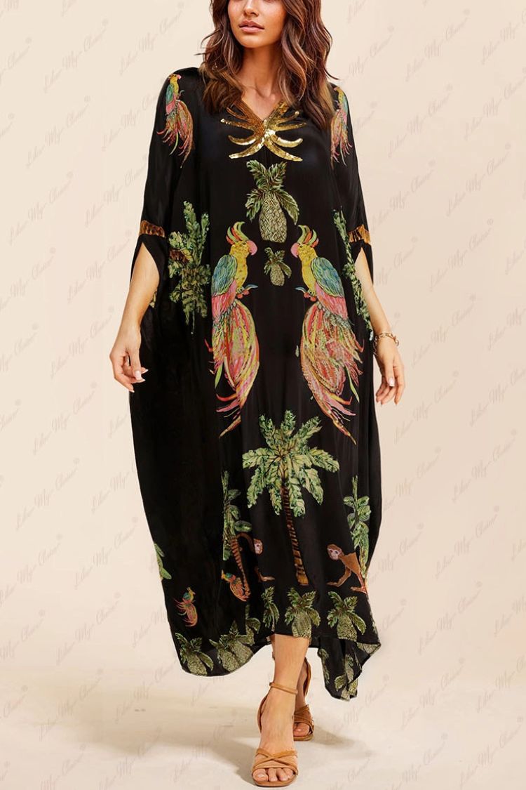 Vestido único con estampado de cocoteros y mangas caídas en los hombros