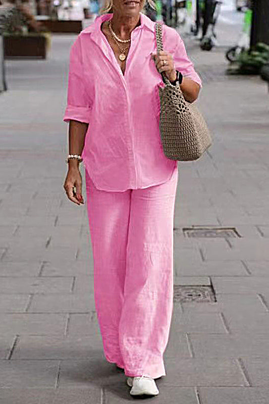 Conjunto de dos piezas: camisa de manga larga con solapa y pantalón ancho de color liso informal