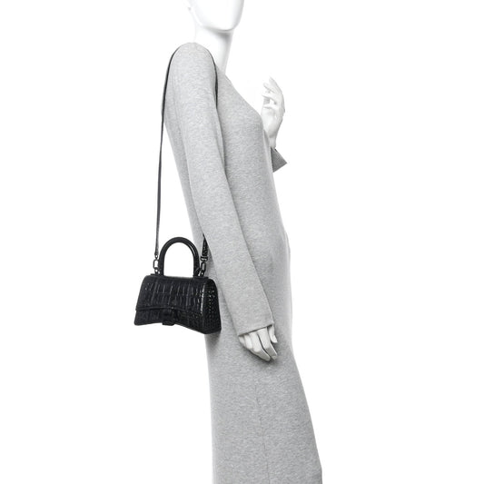Shiny Calfskin Monochrome Crocodile Embossed Hourglass Top Handle Bag XS Black