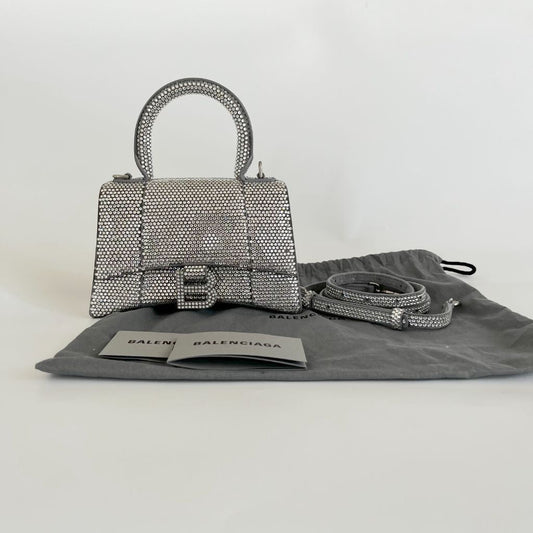 Balenciaga Hourglass XS Top Handle Bag in Rhinestones Suede Calfskin