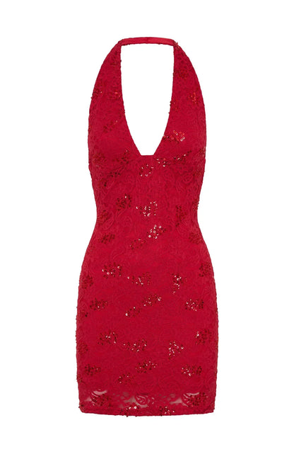 Disco Damage Lace Mini Dress Red