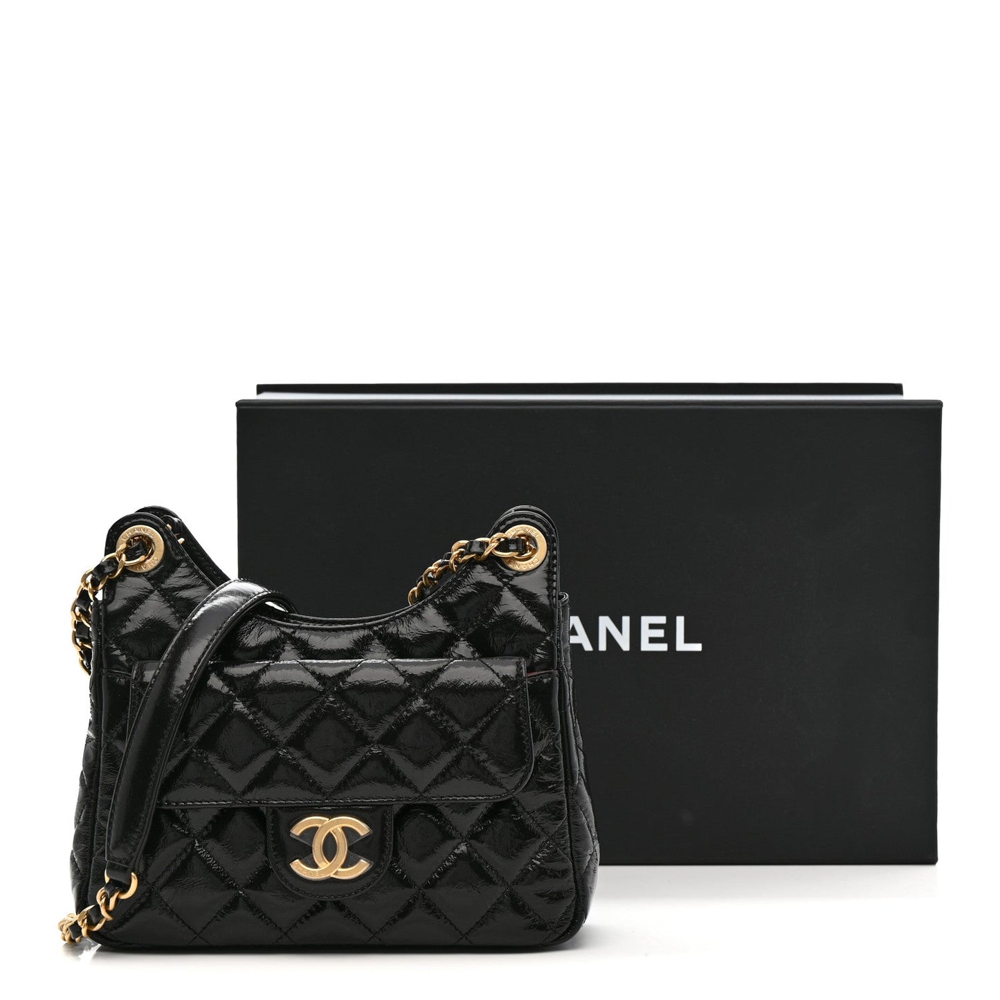Shiny Crumpled Calfskin Quilted Small Wavy CC Hobo Black