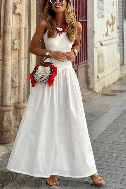 Vestido largo blanco con cintura suelta, cuello redondo, sin mangas y dobladillo
