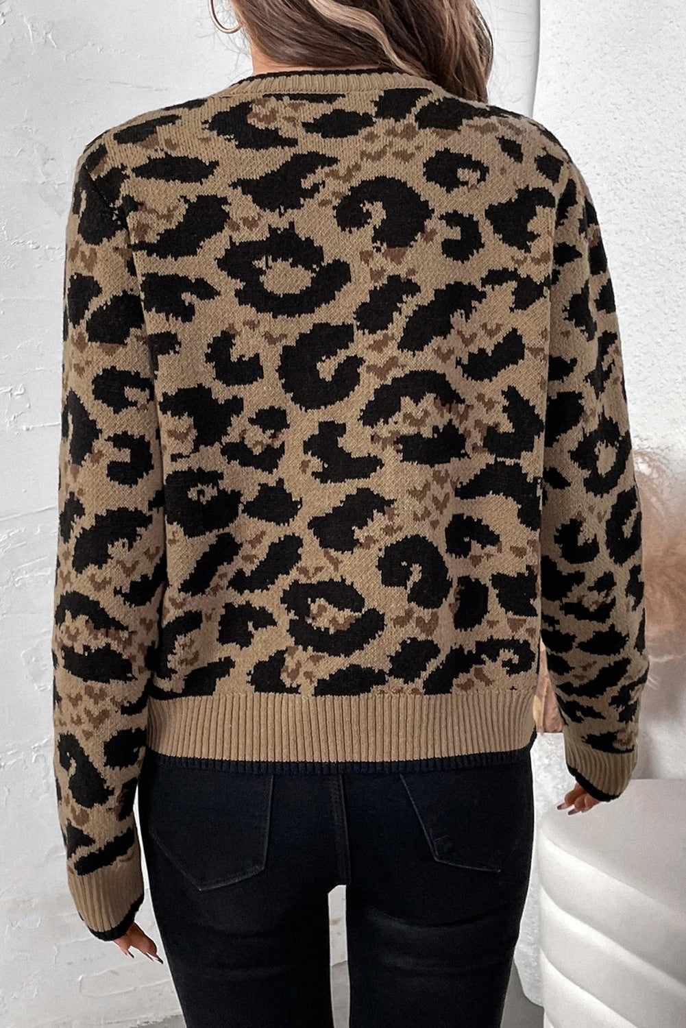 Cárdigan de punto con lazo y estampado de leopardo marrón