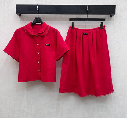 Miu SS26 Set Scalloped-Collar Shirt A-line Skirt Red Cotton Linen 351911