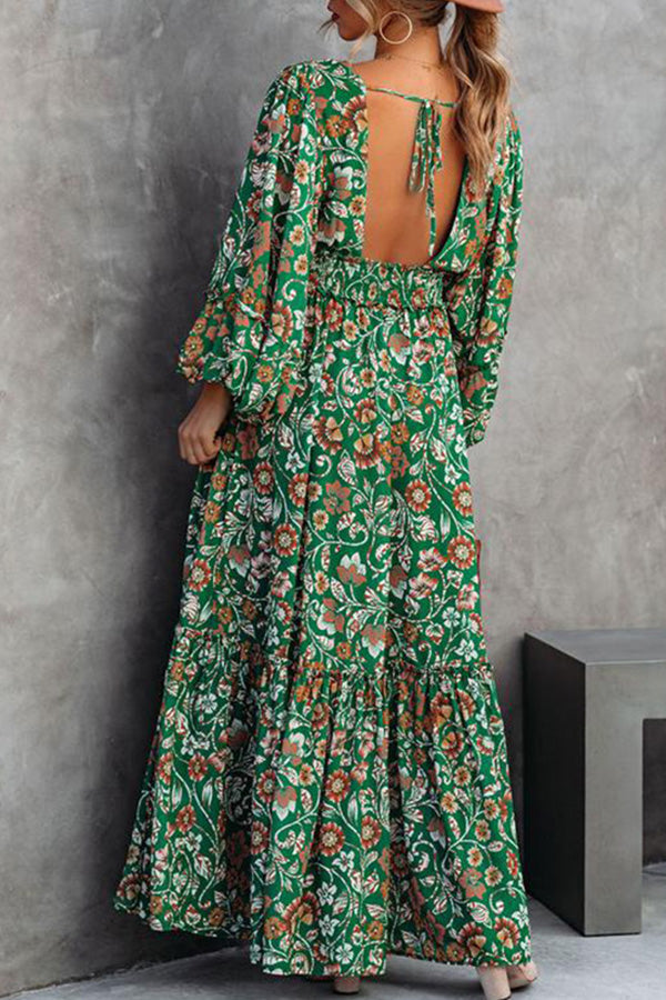Vestido de moda con cuello en V, manga larga y costuras sin espalda y estampado de farol.