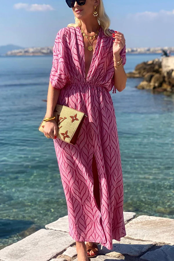 Vestido largo playero estilo kimono con diseño de cordón estampado