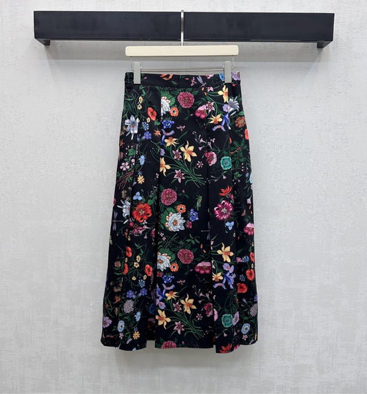 GG SS26 Flora Printed Pleated Midi Skirt Black Multicolor Silk 351778
