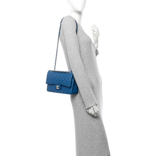 Caviar Quilted Medium Double Flap Blue