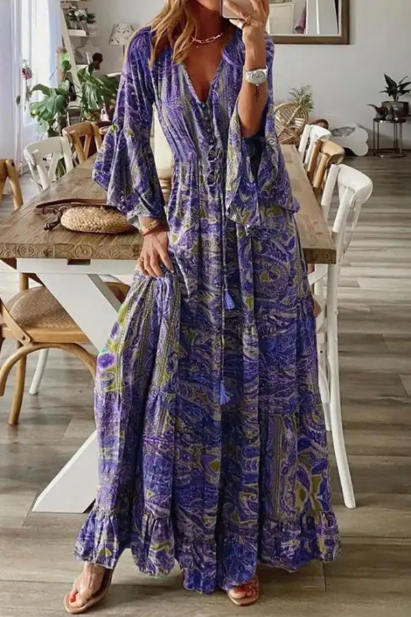 Vestido maxi de vacaciones de manga larga con cuello en V y estampado peris suelto