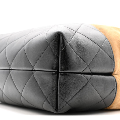 Suede Calfskin Shiny Lambskin Quilted Shopping Bag Beige Black
