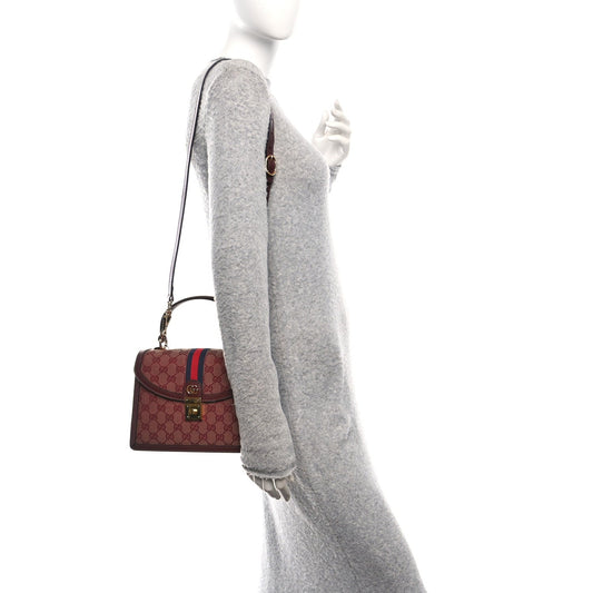 GG Supreme Monogram Textured Dollar Calfskin Web Small Ophidia Padlock Top Handle Bag Bordeaux