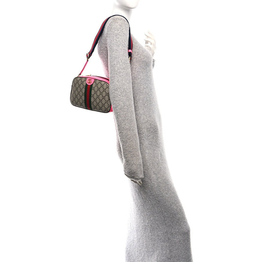 GG Supreme Monogram Textured Dollar Calfskin Web Ophidia Small Crossbody Bag Beige Ebony Fuchsia