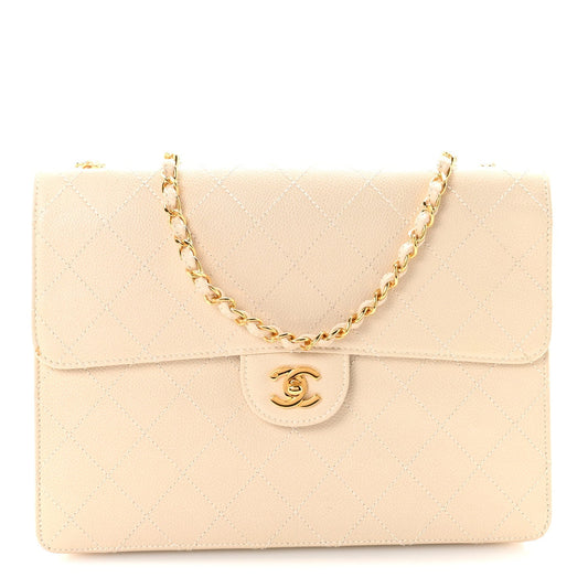 Caviar Stitch Medium Single Flap Beige Clair