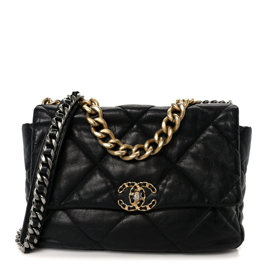 Shiny Goatskin Quilted Large Chanel 19 Flap Black