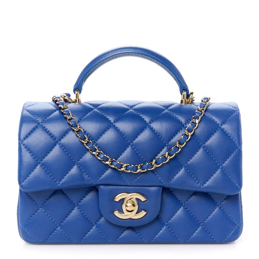 Lambskin Quilted Mini Top Handle Rectangular Flap Blue
