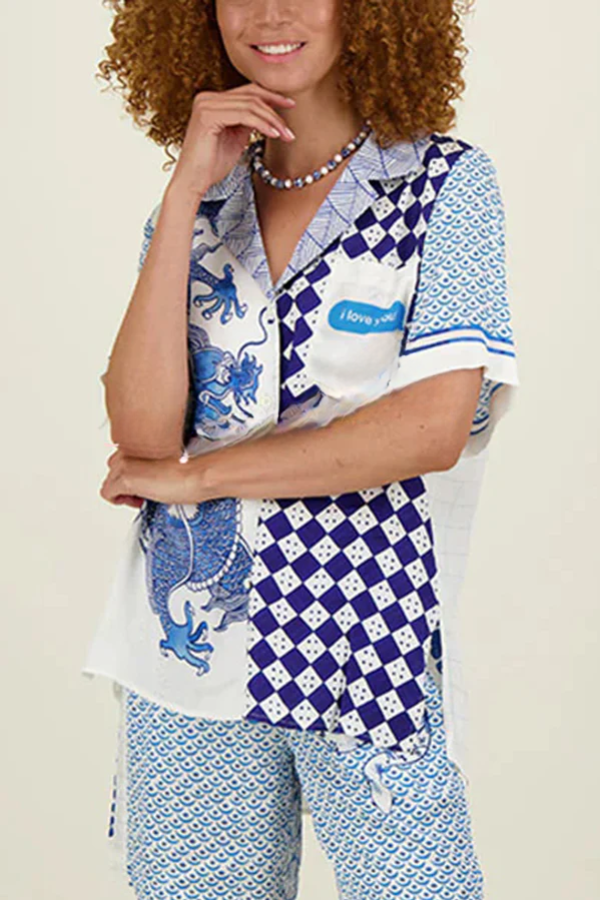 Conjunto de camisa holgada de manga corta con estampado de dragón único y pantalones con bolsillo en la cintura elástica