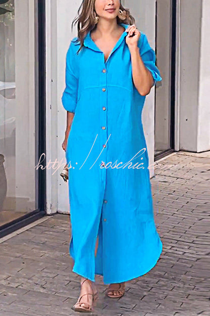 Linen Blend Solid Color Long Sleeve Buttoned Loose Pockets Maxi Dress