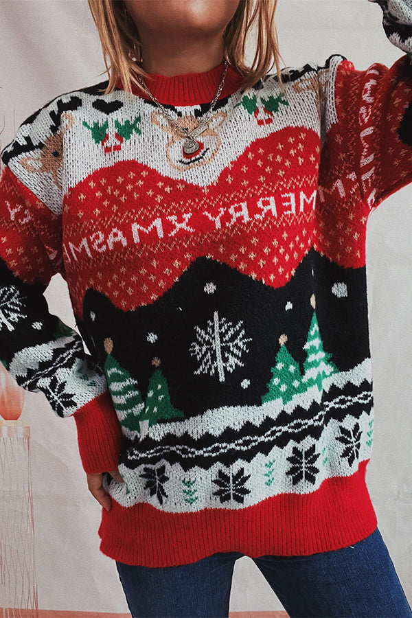 Suéter de punto de cuello redondo y manga larga con estampado navideño
