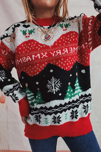 Suéter de punto de cuello redondo y manga larga con estampado navideño