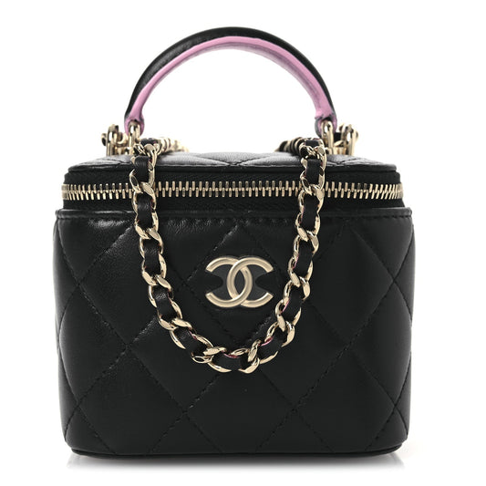 Lambskin Quilted Top Handle Mini Vanity Case With Chain Black Pink