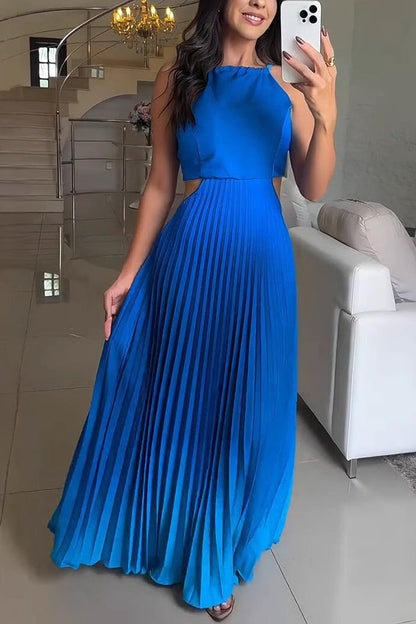 Vestido largo elegante con pliegues degradados, espalda descubierta y lazo.
