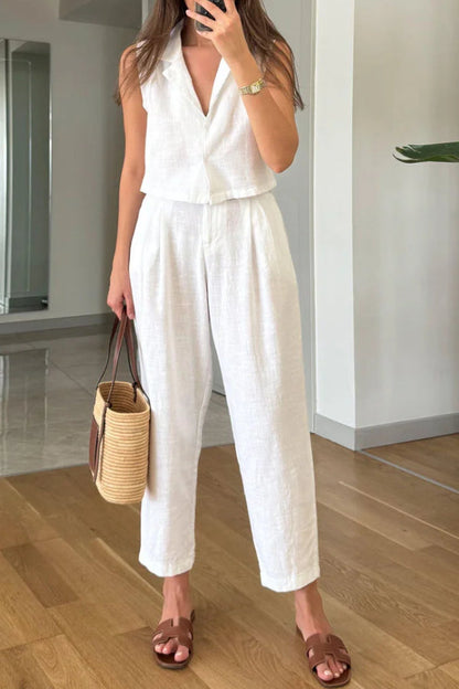 Casual Solid Lapel Vest \u0026 Pants Cotton Linen Two-piece Set