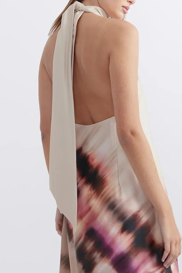 Vestido largo con cuello halter, espalda descubierta y cordones, estampado único