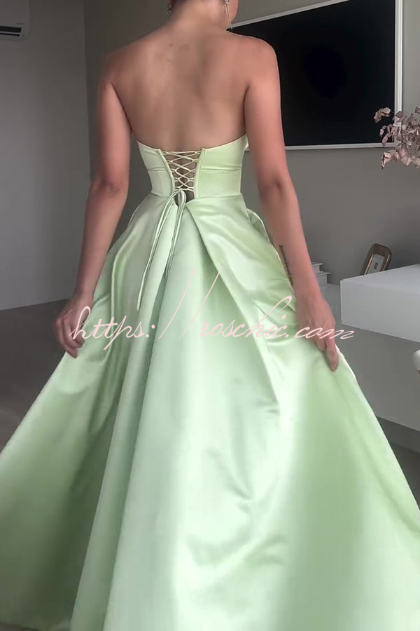 Chic Queen Satin Hollow Strapless Slim High Slit Party Maxi Dress