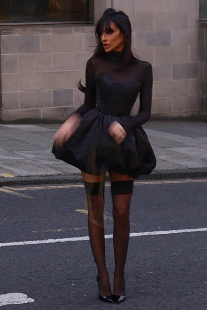 Winter Elegant Mesh Sheer Slim Fit Puff Mini Dress