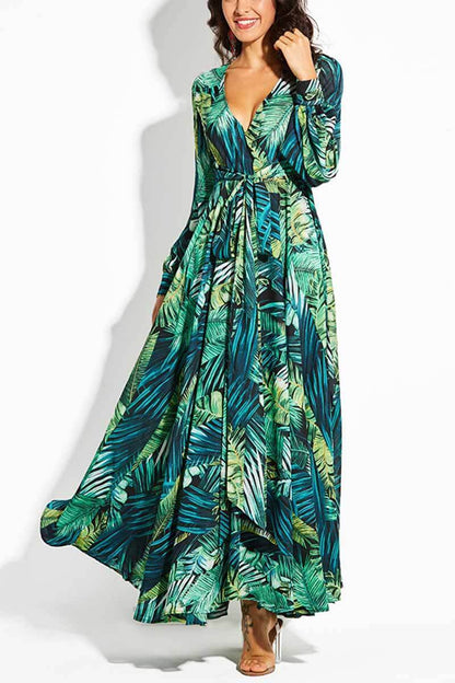 Vestido largo con cuello en V y estampado de hojas