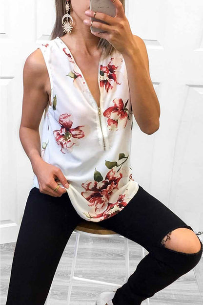 Camiseta sin mangas floral con diseño de cremallera de moda de verano