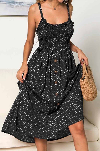 Vestido midi con botones y diseño de lunares y espalda descubierta