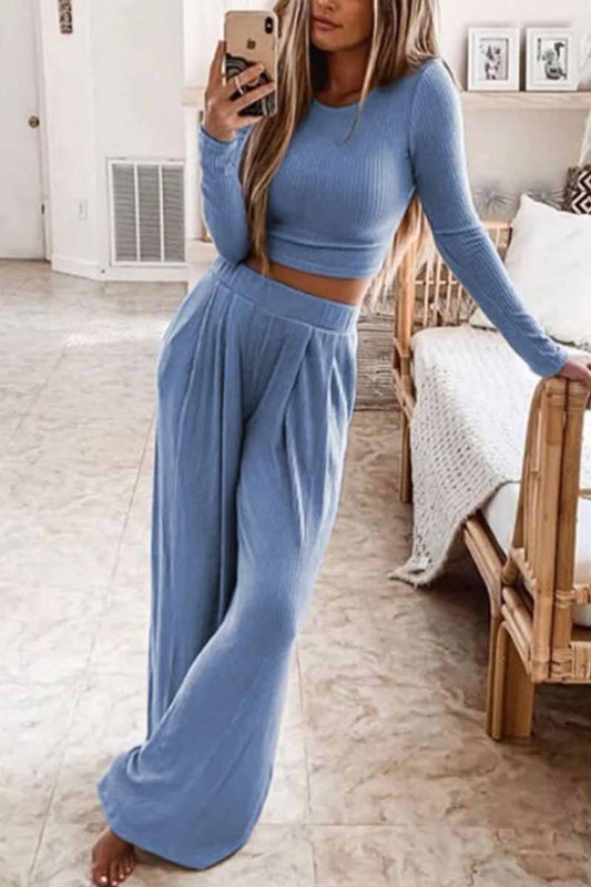 Conjunto de dos piezas, cuello redondo, color liso, mangas largas y piernas anchas (4 colores)