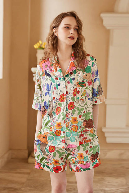 White Forest Garden Print Short Loungewear Set