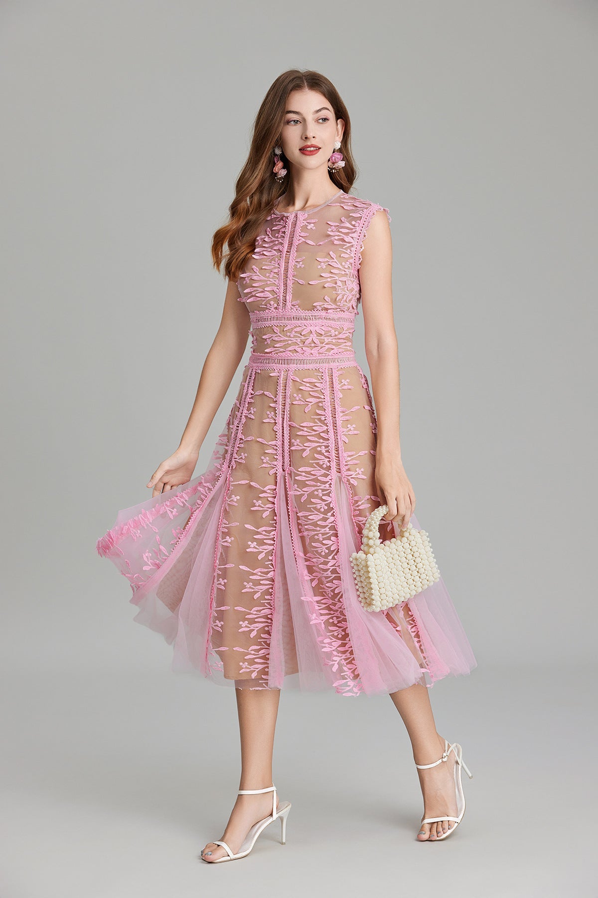 Maëlle Round Neck Mesh Embroidered Midi Dress In Beige