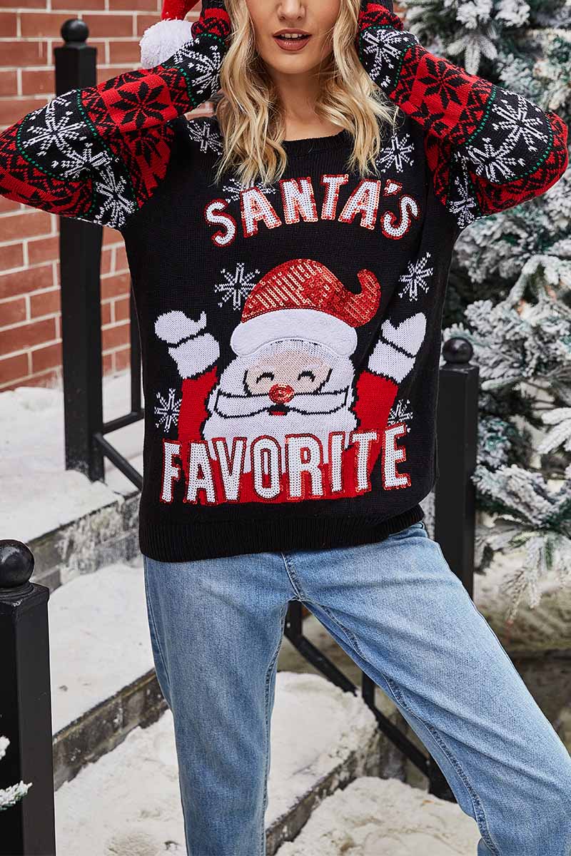 Suéter de punto con cuello redondo y bordado de Papá Noel