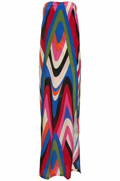 Strapless Side Slit Moiré Print Maxi Dress