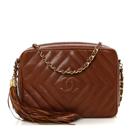 Caviar Chevron Quilted Tassel Camera Case Brown